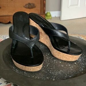 UGG Black Wedge Sandals with Cork-Style Heel